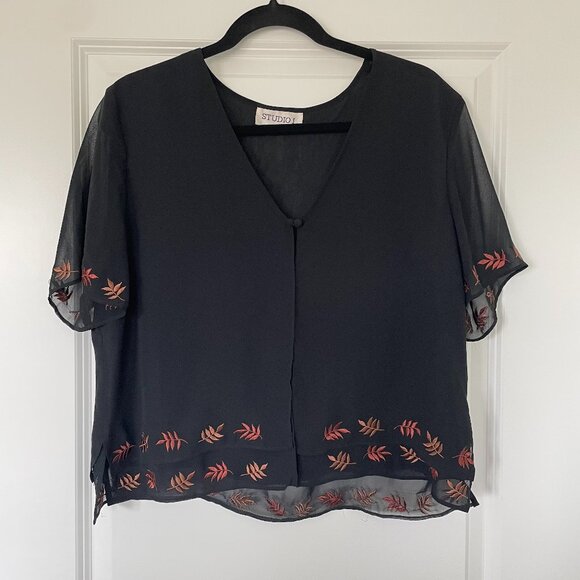 Studio I Black & Leaf Print Layered Chiffon Cardigan Cover-Up - Size M - Picture 1 of 7